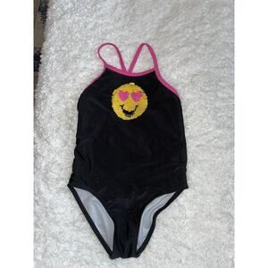 Emojination girls sz. XS black w/pin sequin emoji swimsuit. Cute, fun